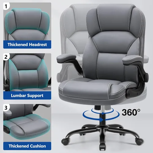 Miniatura 7 de Silla de Oficina Ejecutiva de Cuero PU, Silla Ergonómica de Respaldo Alto para Computadora y Juegos con Altura Ajustable, Giratoria con Ruedas y Gris