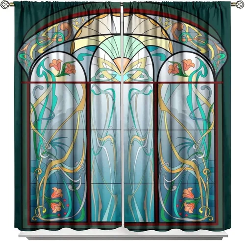 Cortinas de vitral, hermosas y coloridas vidrieras modernas, estilo arquitectónico de Europa occidental, patrón geométrico vintage, cortinas opacas