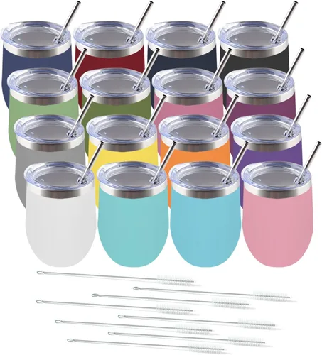 Miniatura 14 de Amtidy Paquete de 12 vasos de acero inoxidable con recubrimiento en polvo con tapa, equipado con popote y cepillo para pajilla, vaso de viaje