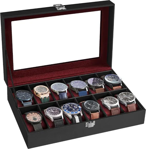 SONGMICS Caja de reloj, caja de reloj de 12 ranuras con tapa de vidrio grande, almohadas extraíbles para reloj, organizador de caja de reloj, regalo