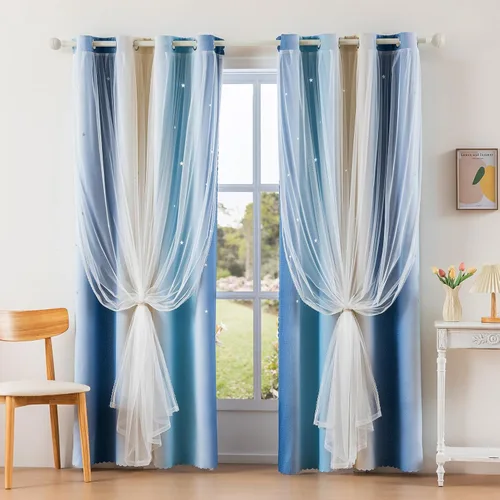 Miniatura 21 de Anytime - Cortinas románticas para niños, cortina de ventana con estrellas recortadas, cortinas opacas de doble capa para dormitorio de niñas, Azul