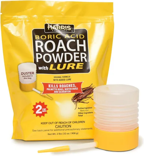 HARRIS - Polvo mata cucarachas y lepismas de ácido bórico con señuelo, desempolvador incluido en la bolsa (32 oz)