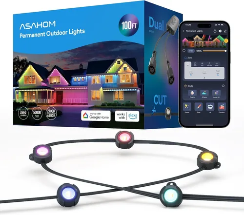 Miniatura 11 de ASAHOM AI - Luces permanentes para exteriores S107B, 100 pies con 72 luces LED RGBCW, 30,000 efectos de iluminación, controlador con doble salida