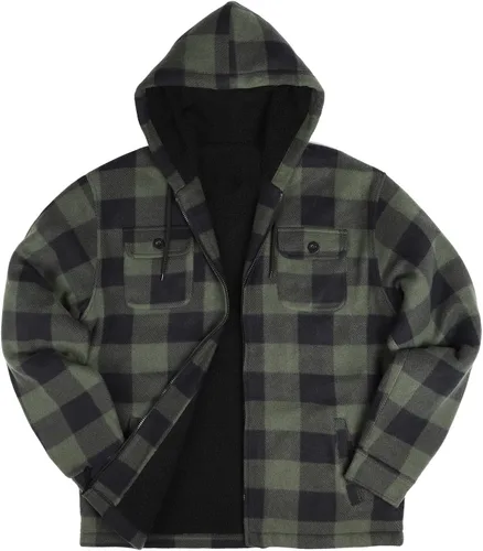 Miniatura 9 de Chaqueta de franela a cuadros para hombre, de felpa con capucha, de sherpa con zíper, pesada y gruesa, cálida para invierno.