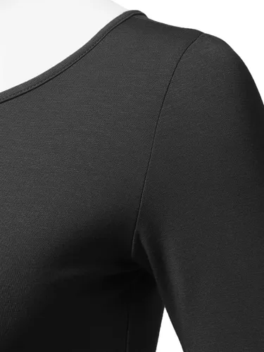 Miniatura 4 de SSOULM Camiseta básica elástica de manga 12 con cuello redondo y corte ajustado para mujer, talla grande