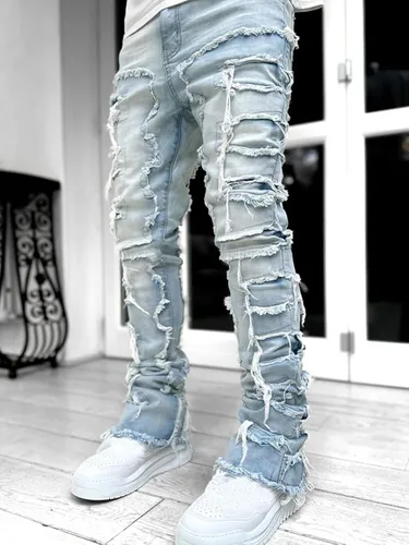 Miniatura 3 de Kodaruber Jeans apilados para hombre, ajustados, rasgados, elásticos, desgastados, rectos, pantalones de mezclilla hip hop, ropa de calle
