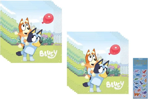El paquete de suministros para fiesta de cumpleaños de Bluey Dog incluye servilletas de papel para el almuerzo y 1 hoja de calcomanías de