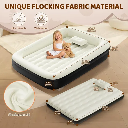 Miniatura 2 de Cama inflable de viaje para niños pequeños, colchón de aire portátil de 64 pulgadas con cuatro lados de seguridad, bomba de alta velocidad y bolsa