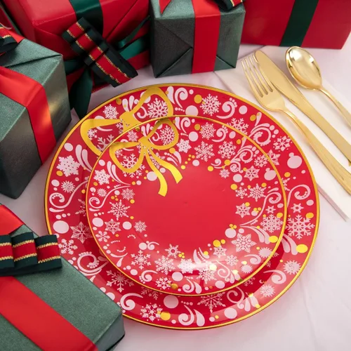 Miniatura 9 de Hioasis Juego de 175 piezas de plástico para lugares, temática navideña, guirnalda roja y blanca, incluye 25 platos de cena y postre, utensilios