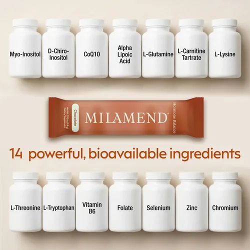 Miniatura 5 de milamend Balance hormonal para mujeres 40:1 Myo-inositol D-Chiro Inositol Suplemento + CoQ10, ALA y aminoácidos – Fertilidad, Ovario y Ciclo – Polvo