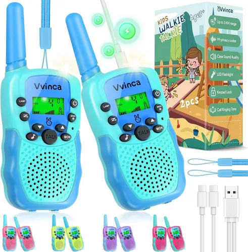 Miniatura 15 de Vvinca Walkie Talkies para niños, juguetes recargables para edades de 5 a 7 años, largo alcance, 22 canales, 2 vías, walkie talkie con linterna