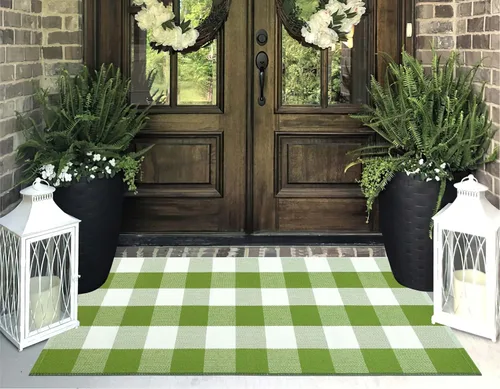 Miniatura 12 de Tapete verde y blanco para puerta delantera 24"x35", alfombra de porche delantero a cuadros búfalo, algodón tejido, lavable a máquina, reversible