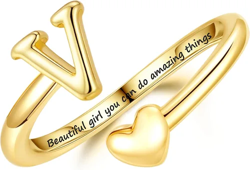 Miniatura 25 de Turandoss Regalos para el día de San Valentín para adolescentes, anillos de oro para niños, chapados en oro de 14 quilates con inicial para letra A