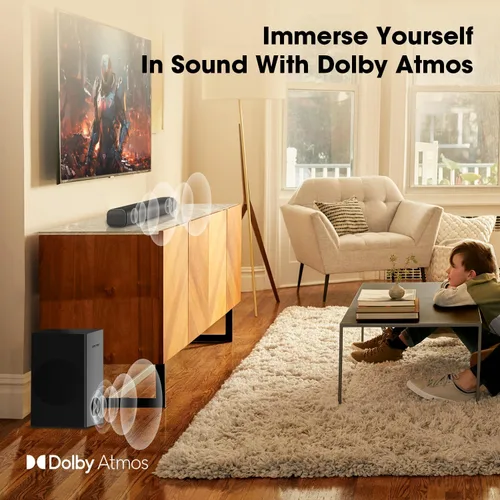 Miniatura 2 de Dolby Atmos Barra de sonido para TV con subwoofer, sistema de cine en casa de 120 W para fútbol y deportes, sonido envolvente 3D, graves profundos