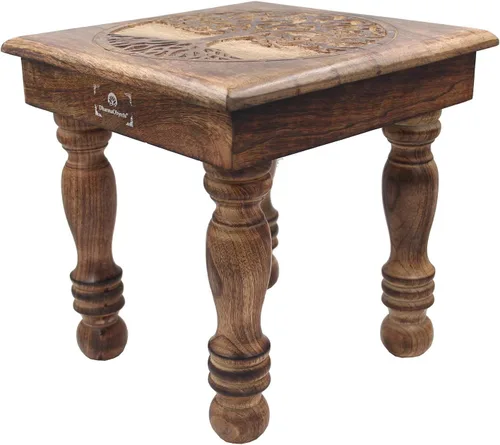DharmaObjects Mesa de meditación de altar del santuario de Puja tallada a mano de madera maciza de mango (árbol de la vida 1)