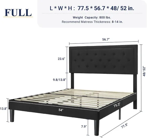 Miniatura 2 de Allewie Base de cama tapizada de tamaño matrimonial con cabecera ajustable, botón acolchonado, soporte de listones de madera, fácil montaje