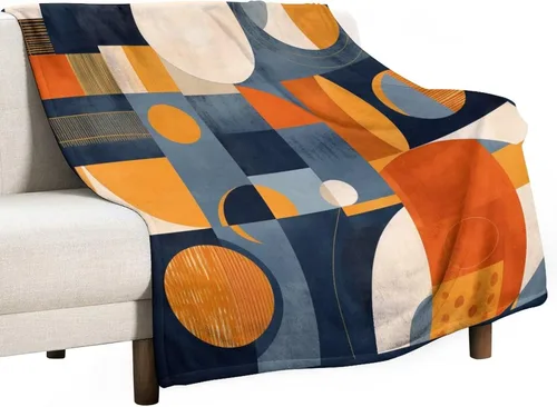 Miniatura 25 de Manta de franela de mediados de siglo, color azul marino, naranja quemado, estética abstracta, geométrica, acogedora, manta moderna de mediados