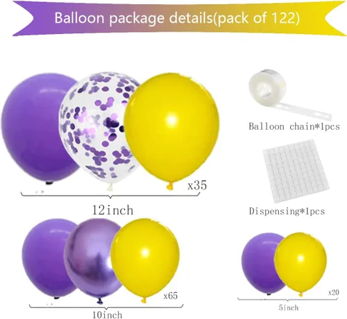 Miniatura 7 de Kit de arco de guirnalda de globos morados y amarillos, 122 globos de confeti amarillo lavanda metálico morado para cumpleaños, boda, aniversario