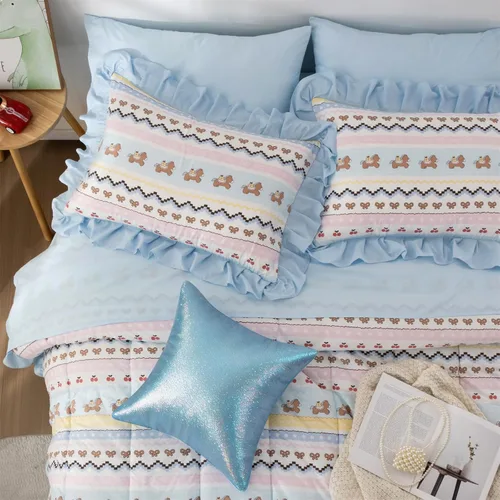 Miniatura 4 de Aimuan Unicorn Striped Print Comforter Set for Kids Girls Boys, Kawaii Bow Bedding Set Bedroom Decor, Twin/Full/Queen (Twin, Blue-Pink)