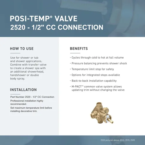 Miniatura 2 de Moen 2520 válvula rugosa Posi-Temp de 1/2 pulgada (cobre a cobre) para balance de presión, 2520