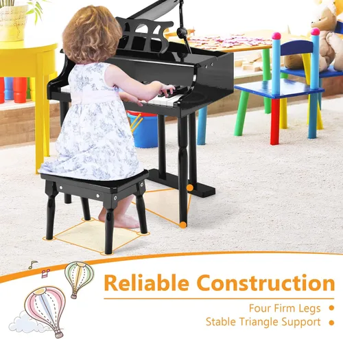 Miniatura 5 de HONEY JOY Piano clásico para niños, mini piano de cola de 30 teclas con soporte de música y banco, juguete de instrumento musical de madera con tapa