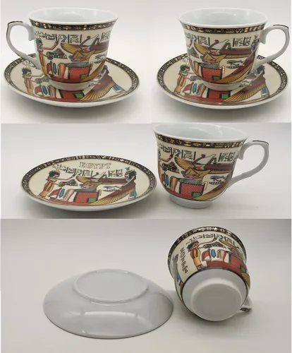 Miniatura 6 de Juego de tazas y platillos de café expreso de cerámica dorada egipcia, taza Demitasse de 3.4 oz/3.4 fl oz, regalo de porcelana para cumpleaños