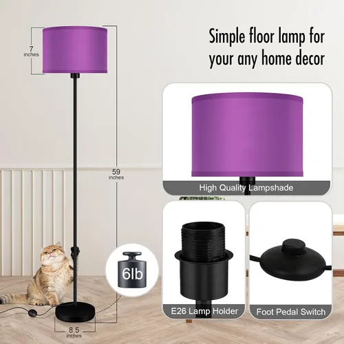 Miniatura 5 de AUQUEE Floor Lamp, Standing Lamp, Modern Stand Up Lamps with Purple Lampshade, 59" Tall, Foot Switch, Simple Living Room Decor for Kids Room, Girls