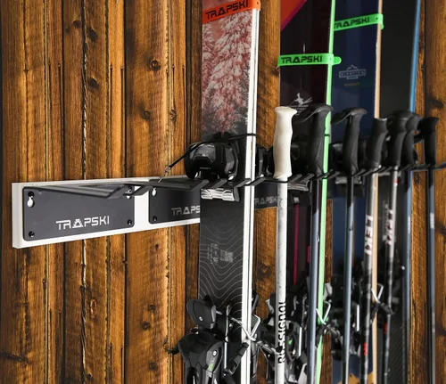 Miniatura 8 de TRAPAWAY Estante de pared Capacidad para 3 pares de esquís o tablas de snowboard por Bindings Organizador de garaje para herramientas,