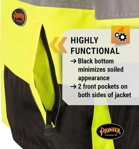 Miniatura 7 de Pioneer Hi Vis - Chaqueta impermeable de seguridad 2 en 1 para hombres y mujeres, se invierte a un acolchado negro, equipo impermeable reflectante