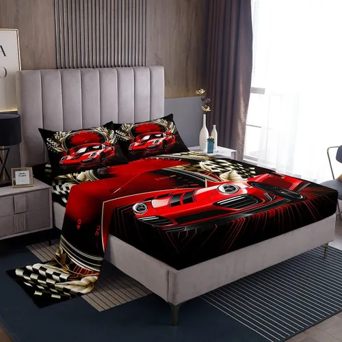 Miniatura 14 de Erosebridal Red Race Car - Juego de sábanas para niños y adolescentes, tamaño individual, juego de 3 piezas, sábana bajera + sábana encimera + 1