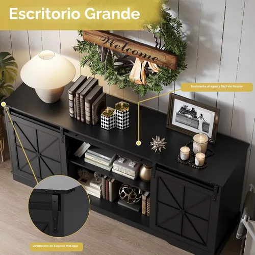 Miniatura 5 de Soporte de TV estilo granja para televisores de 65/60/55 pulgadas, centro de entretenimiento rústico con gabinetes de almacenamiento y puertas Negro