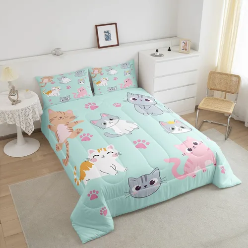 Miniatura 4 de Erosebridal Juego de ropa de cama para niños, tamaño individual, diseño de gatos de dibujos animados, para niñas, niños y adolescentes, edredón