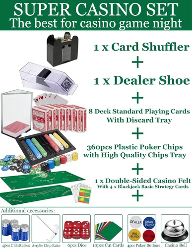 Miniatura 2 de Juego de Super Casino: 6 barajador de barajas+360 piezas de fichas+8 tarjetas de póquer+zapato de cartas+rastrillo de fichas+fieltro+accesorios