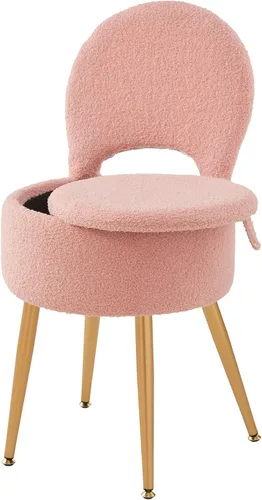 Miniatura 17 de Taburete silla de tocador pequeño con almacenamiento y respaldo plegable, 4 patas de metal con pies antideslizantes, otomana redonda con asiento