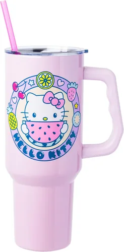 Miniatura 42 de Silver Buffalo - Vaso de acero inoxidable Sanrio Hello Kitty con flores de primavera y verano y rayas arcoíris, con asa y popote, compatible