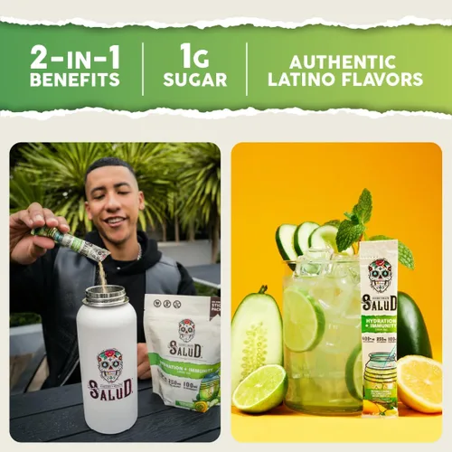 Miniatura 2 de Salud Paquetes de hidratación 2 en 1 + electrolitos inmunitarios en polvo, pepino y lima, mezcla de bebida de agua fresca, saúco, sin lácteos