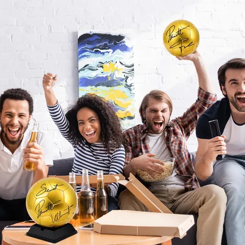 Miniatura 7 de Hiboom Balón de fútbol dorado con autógrafo de fútbol con soporte de exhibición, bomba de aire para trofeos, aniversario, escuela secundaria