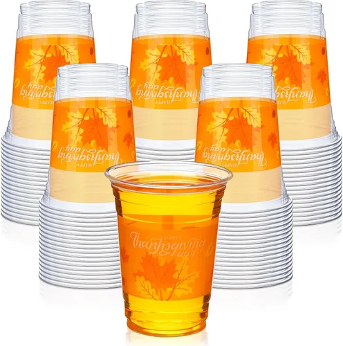 Miniatura 8 de Sliner Vasos de plástico desechables de Acción de Gracias, hojas de otoño y otoño, tazas de plástico transparente con patrón de hoja de arce