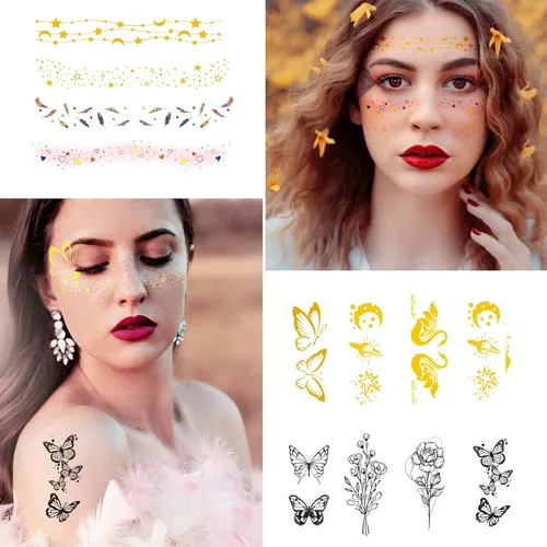 Miniatura 3 de JEEFONNA 60 hojas de tatuajes temporales para la cara, tatuajes falsos metálicos para mujeres, hombres, niños, impermeables, festivales, cosplay
