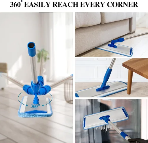 Miniatura 6 de HONOVA Trapeador de microfibra de 17.5 pulgadas para limpieza de suelos, trapeador plano azul con mango de acero inoxidable de 58 pulgadas, 4