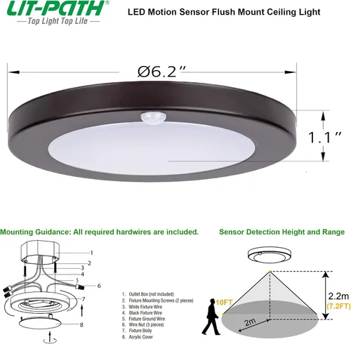 Miniatura 4 de LIT-PaTH Lámpara LED de techo empotrada, accesorio de iluminación de armario con sensor de movimiento, 10.5 W, 700 lúmenes, 6.2 pulgadas, carcasa