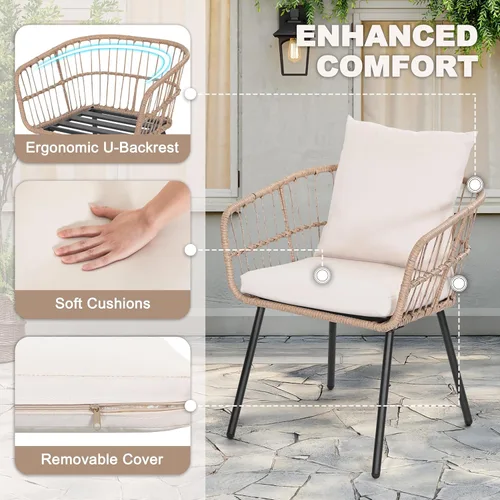 Miniatura 7 de NUU GARDEN Juego de 3 piezas para patio bistró, mesa de mimbre para exteriores y 2 sillas, muebles compactos beige para porche, patio trasero, junto