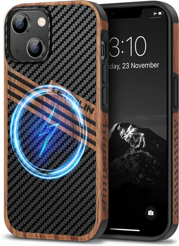 Miniatura 23 de TENDLIN Funda Magnética Compatible con iPhone 14 Plus Funda de Madera con Textura de Fibra de Carbono Diseño Híbrido de Cuero Cubierta Delgada Negro