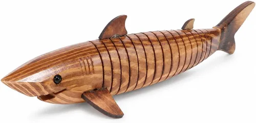 Garneck Modelo de tiburón de madera de 12.9 pulgadas: escultura de animal para pintar y jugar, figura de pez flexible articulada para artes y