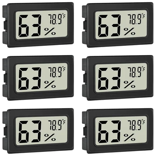 Paquete de 6 medidores de humedad pequeños y digitales para interiores, higrómetro, termómetro, pantalla LCD Fahrenheit (℉) para invernadero, tanque