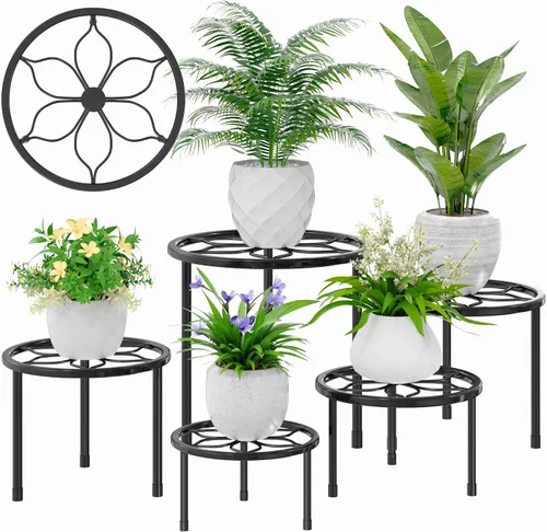 VECELO Juego de 5 soportes de metal para plantas, soporte para macetas de alta resistencia, soporte redondo para plantas, color negro
