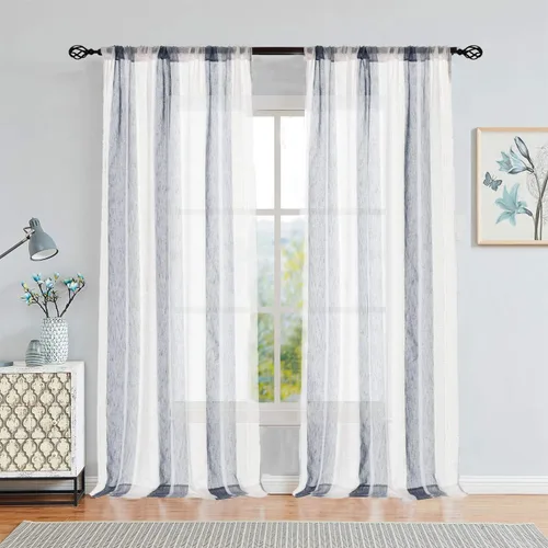Miniatura 9 de Central Park Cortinas Transparentes de Rayas Beige y Blancas Estilo Granja de Lino Bouclé, Pares de Paneles de Cortina de Ventana Tejidos con Hilo