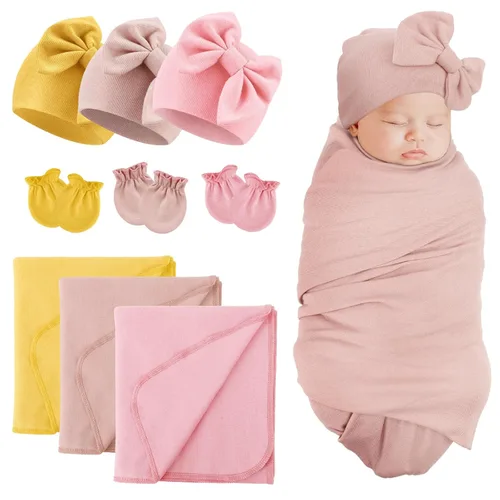 Miniatura 18 de DRESHOW BQUBO Manta para Recién Nacido con Sombrero de Moño y Guantes de Algodón, Manta de Envoltorio para Bebé Cálido, Saco de Dormir para Bebé