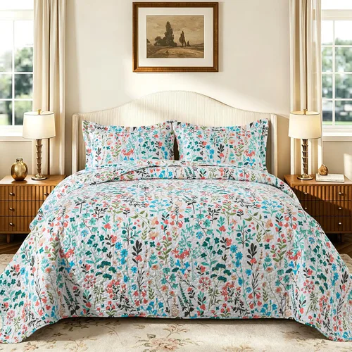 Miniatura 24 de TWINRUN Edredones de algodón tamaño Queen, colcha ligera tamaño Queen para cama, juego de edredón reversible suave a cuadros florales tamaño Queen G