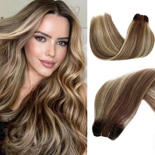 Miniatura 15 de Extensiones de trama de cabello humano real, para coser, con mechas rubias, cabello Remy marrón cenizo mezclado con rubio platino, atado a mano - 14